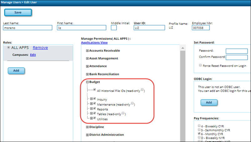 Security Administration Create Edit User Page