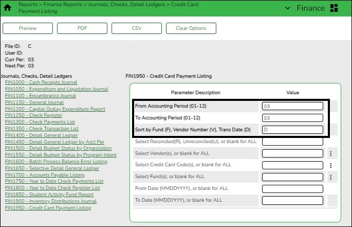 FIN1950 - Credit Card Payment Listing Report Parameters