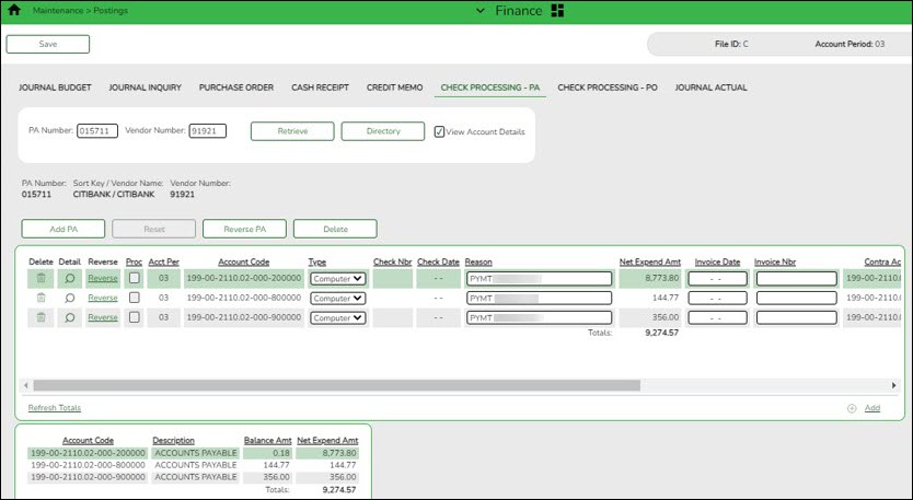 Check Processing - PA Tab