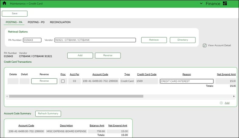 Finance Credit Card Posting-PA Tab