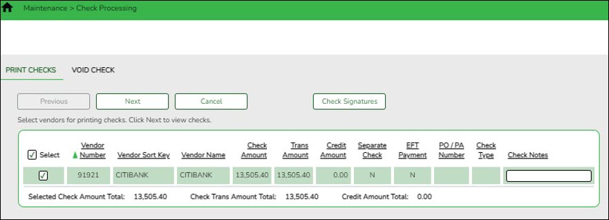 Check Processing Print Checks Tab