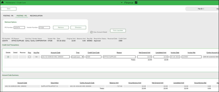 Finance Credit Card Posting PO Tab