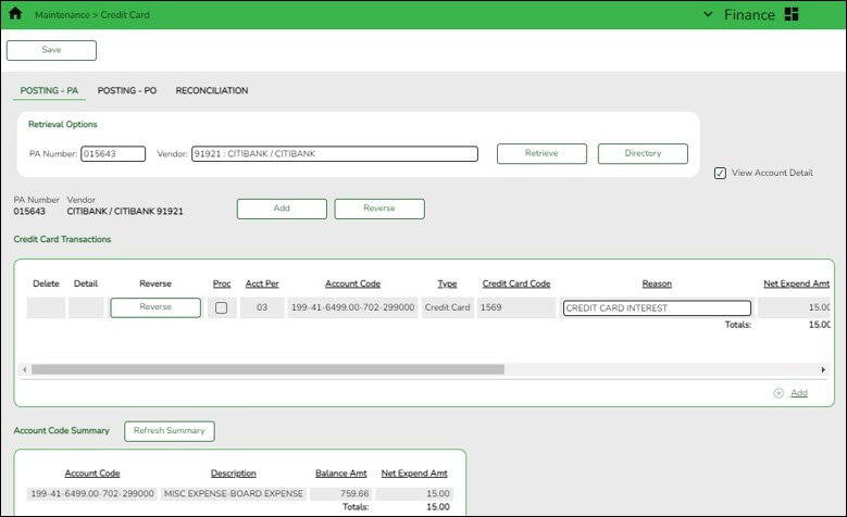 Finance Credit Card Posting - PA Tab