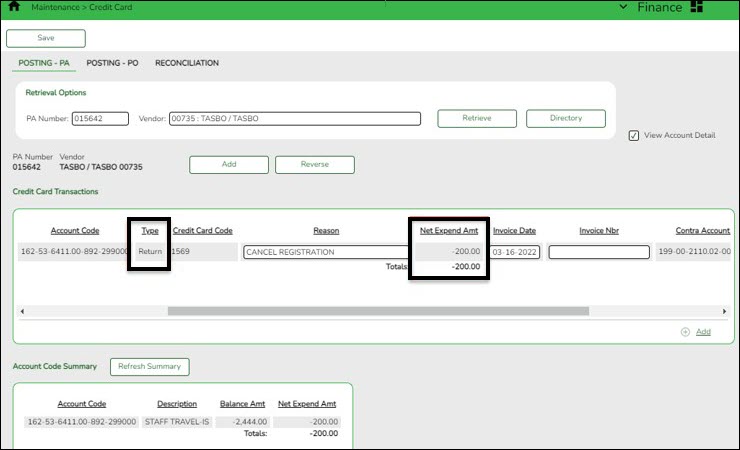Finance Credit Card Posting PA Tab