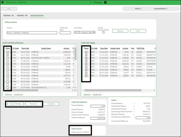 Finace Credit Card Reconciliation Tab