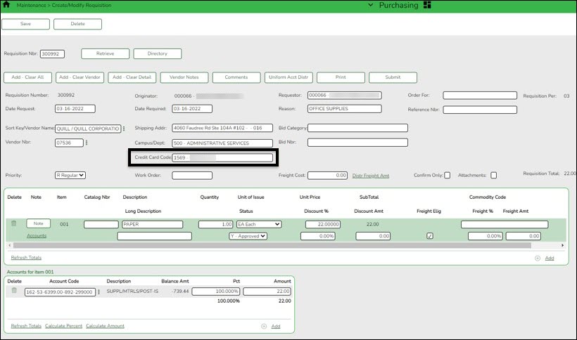 Purchasing Requisition Page