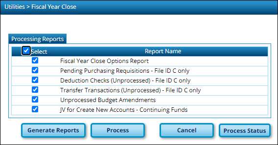 Fiscal Year Close Processing Reports Page
