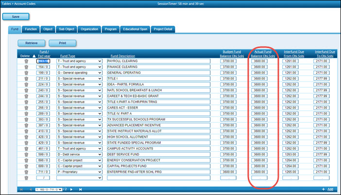 Account Codes Fund Tab
