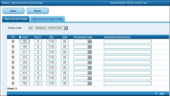 Bank Account Group Funds Tab