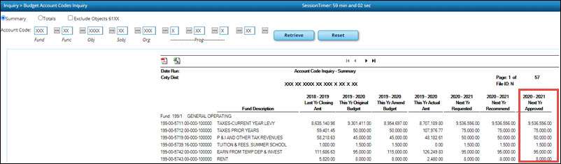 Budget Account Codes Inquiry Page