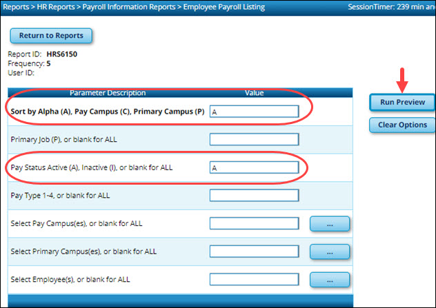 HRS6150 Employee Payroll Listing Parameters