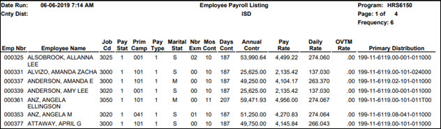 HRS6150 Employee Payroll Listing Report