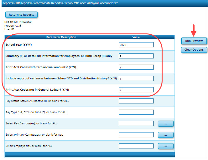 HRS3550 School Year To Date Accrual Payroll Account Distribution Report Parameters