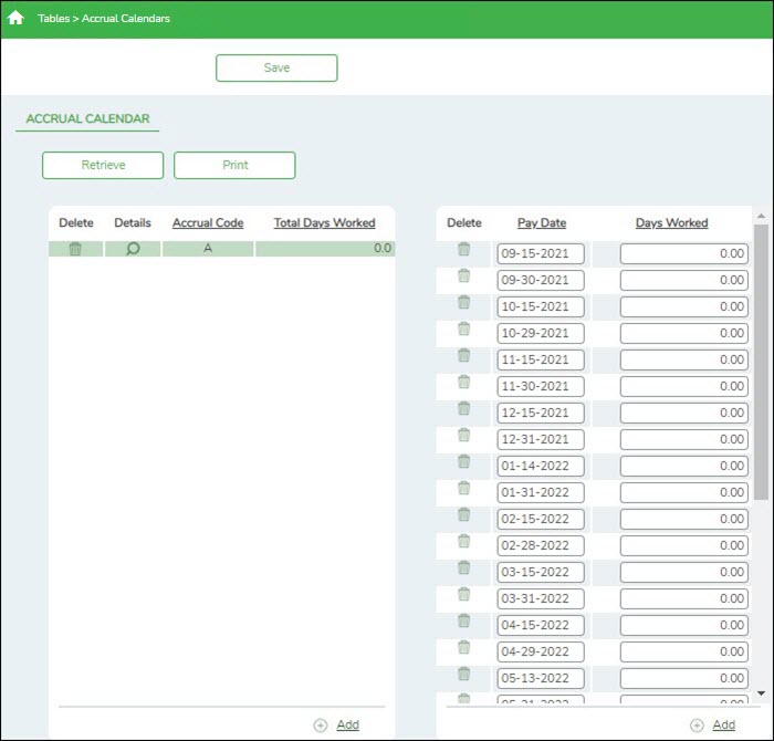 Accrual Calendar Tab