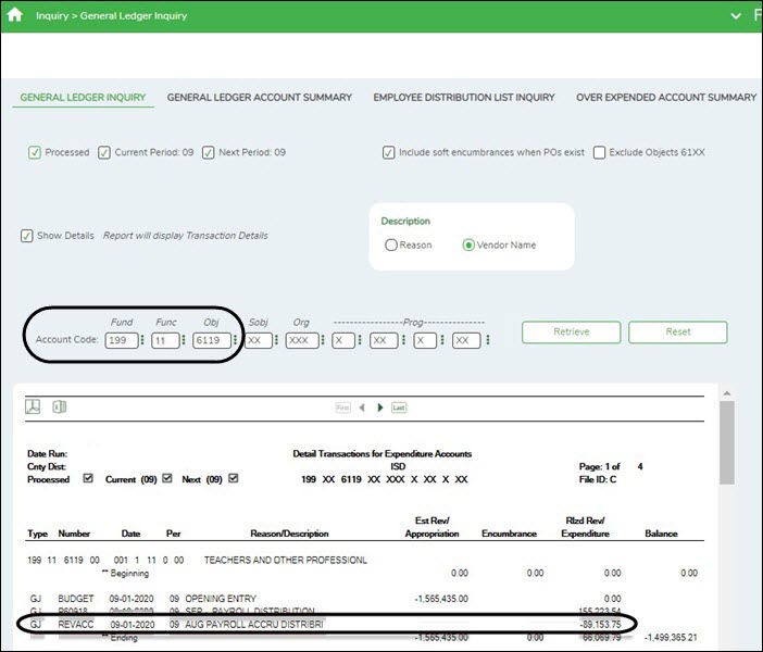 General Ledger Inquiry Tab