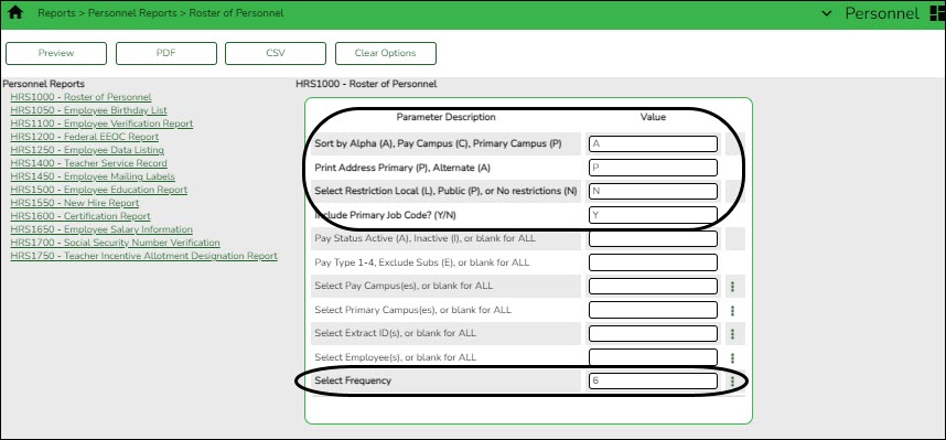 HRS1000 Roster of Personnel Parameter Page
