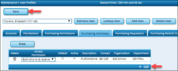 District Administration User Profile Purchasing Addresses Tab