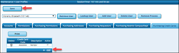 District Admin User Profile Purchasing Credit Cards Tab
