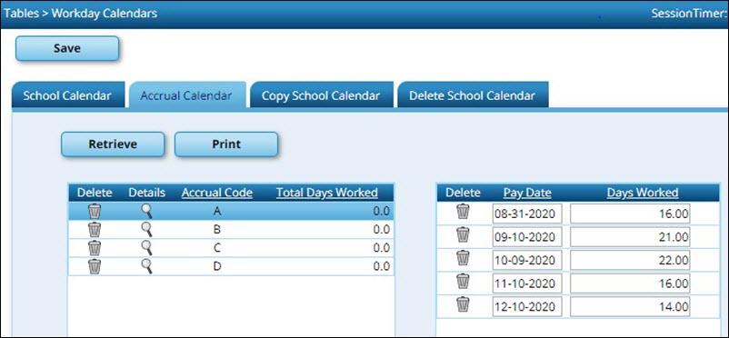 Accrual Calendar Tab