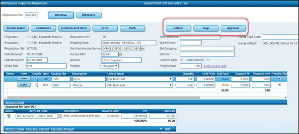 Requisition Approval Page