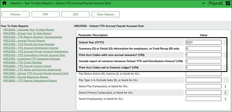 HRS3550 - School YTD Accrual Payroll Account Distribution Report Parameters