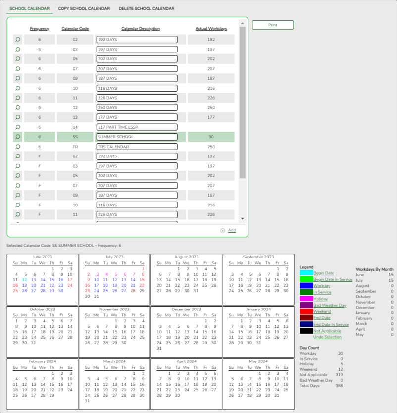 Summer School Calendar