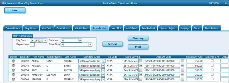 Hours Pay Transmittals Extra Duties Tab