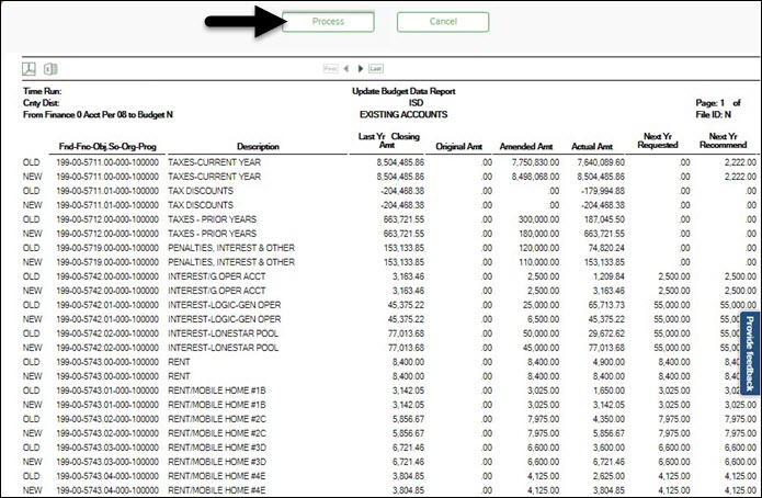 Update Budget Data Report Existing Accounts