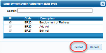 Employment After Retirement Pop-Up Window