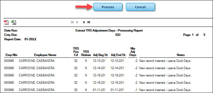 TRS Processing Adjustment Days Extract Report