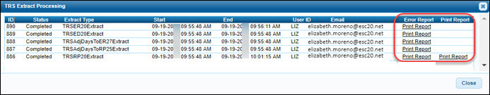 TRS Extract Processing Pop-Up Window