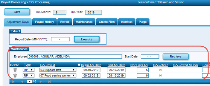 TRS Processing Adjustment Days Maintenance