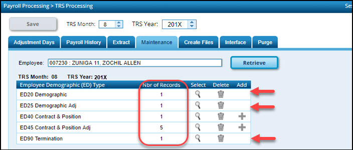 TRS Maintenance Page Employee Demographic Records