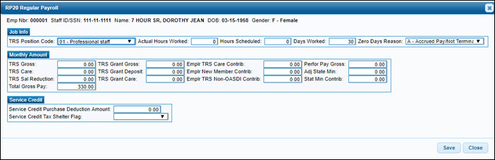 TRS Processing RP Maintenance Page