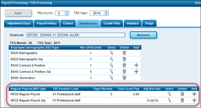 TRS Processing Maintenance RP Records