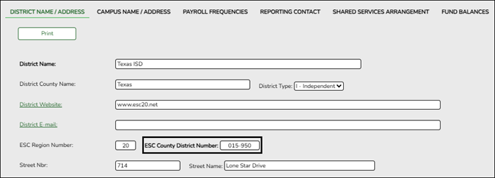 District Name/Address Screen