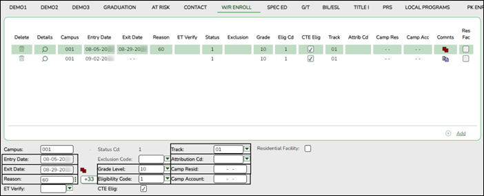 W/R Enroll Screen