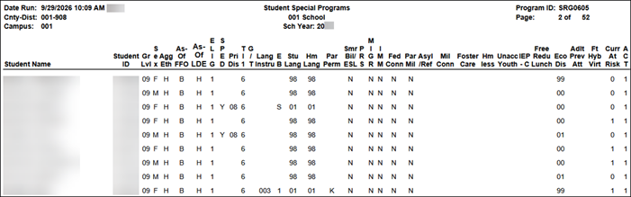 SRG0605 - Student Special Programs report
