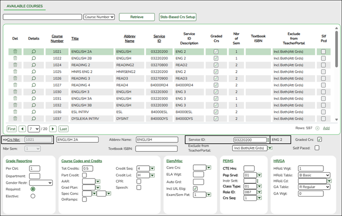 District Schedule - Available Courses Screen