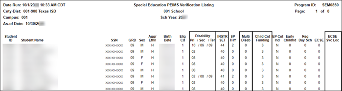 SEM0850 - Special Education PEIMS Verification Listing report