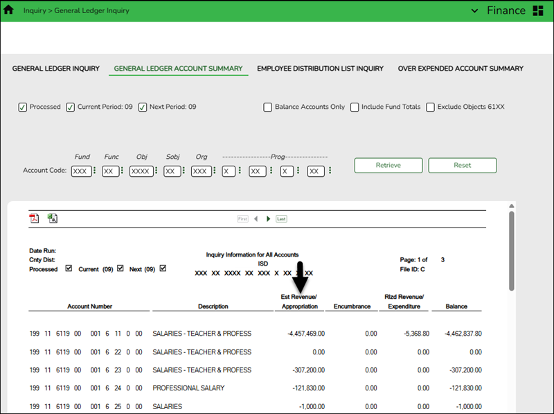 General Ledger Account Summary Tab