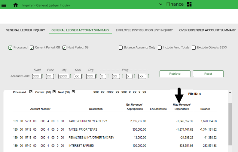 General Ledger Account Summary Tab