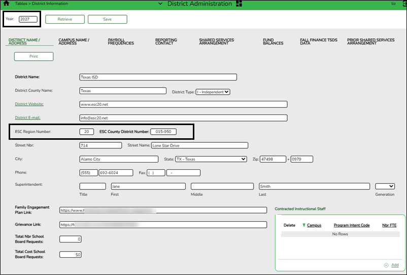 District Name/Address Tab