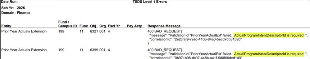 Level 1 Errors Report