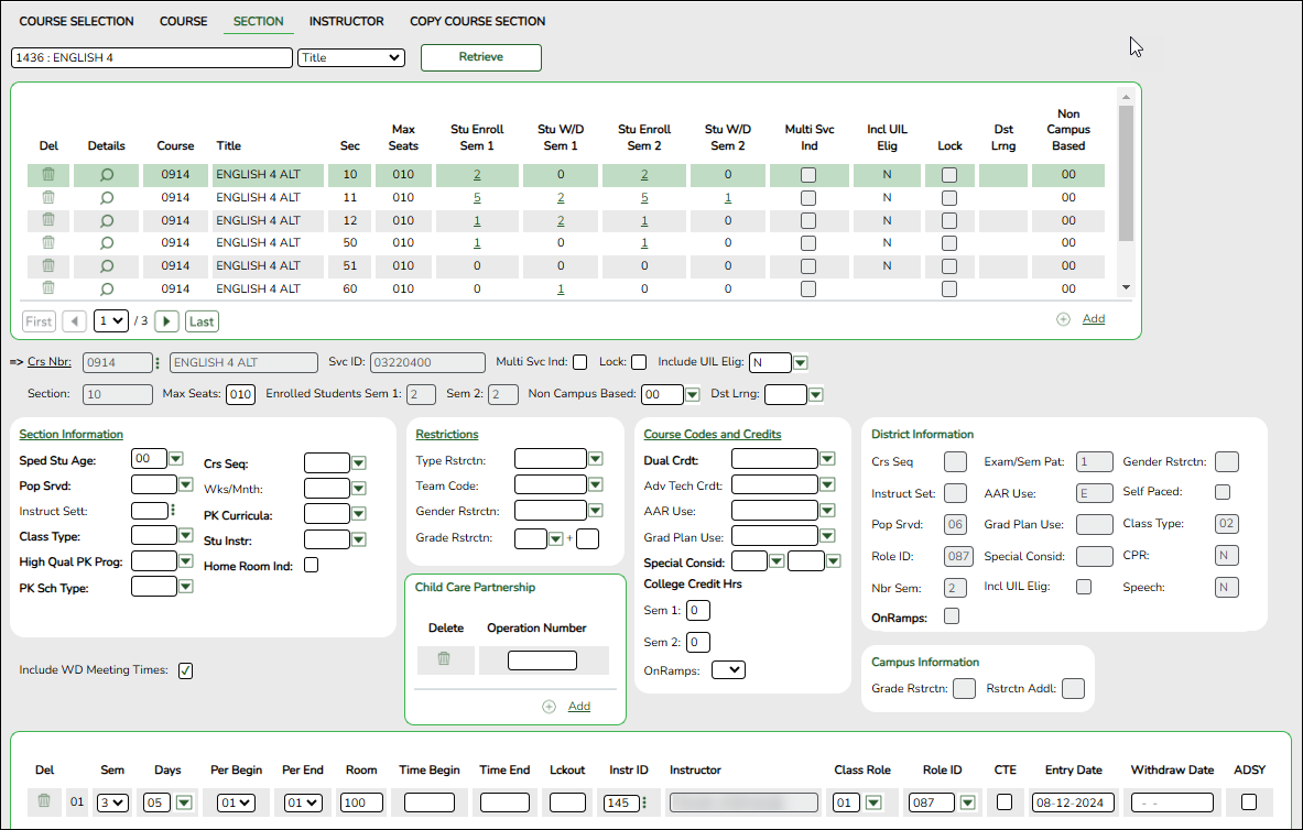 Section tab with Class Roster Winter elements highlighted