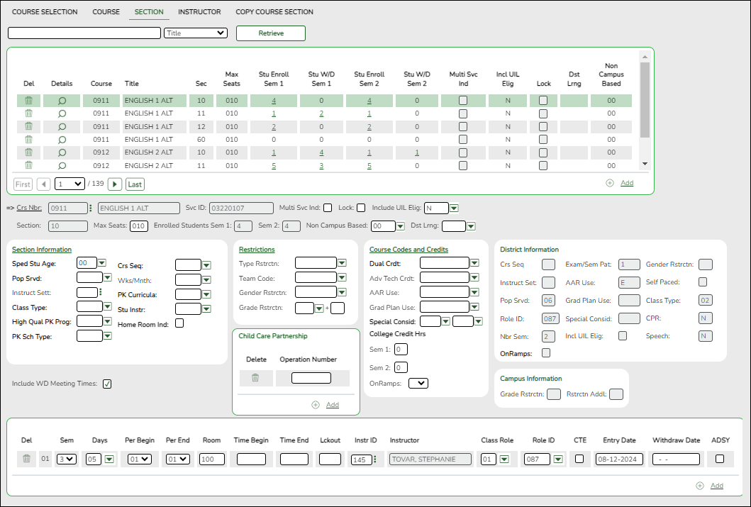 Campus Master Schedule Section tab