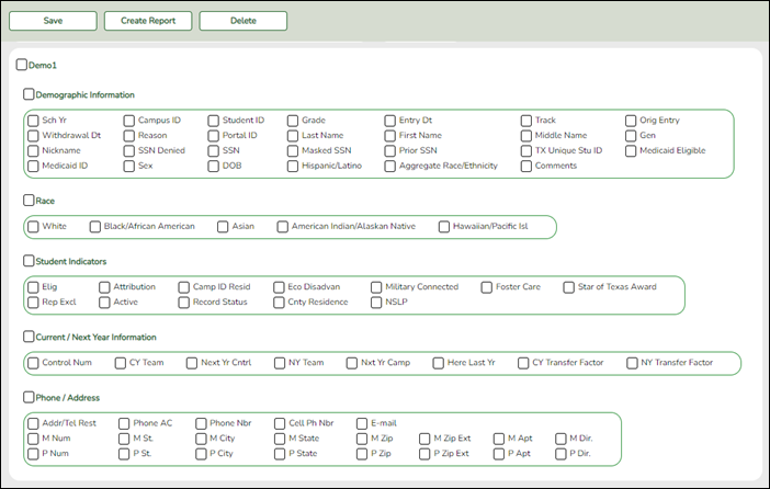 Create Registration Report - snippet with applicable demographic fields checked Create Registration Report - snippet with applicable demographic fields checked