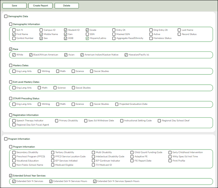 Create Special Ed CY Report - snippet with applicable demographic and ESY fields checked Create Special Ed CY Report - snippet with applicable demographic and ESY fields checked