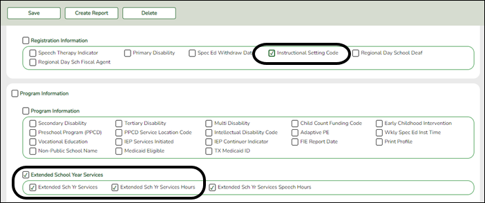 snippet of Create Special Ed CY report with ESY fields highlighted snippet of Create Special Ed CY report with ESY fields highlighted