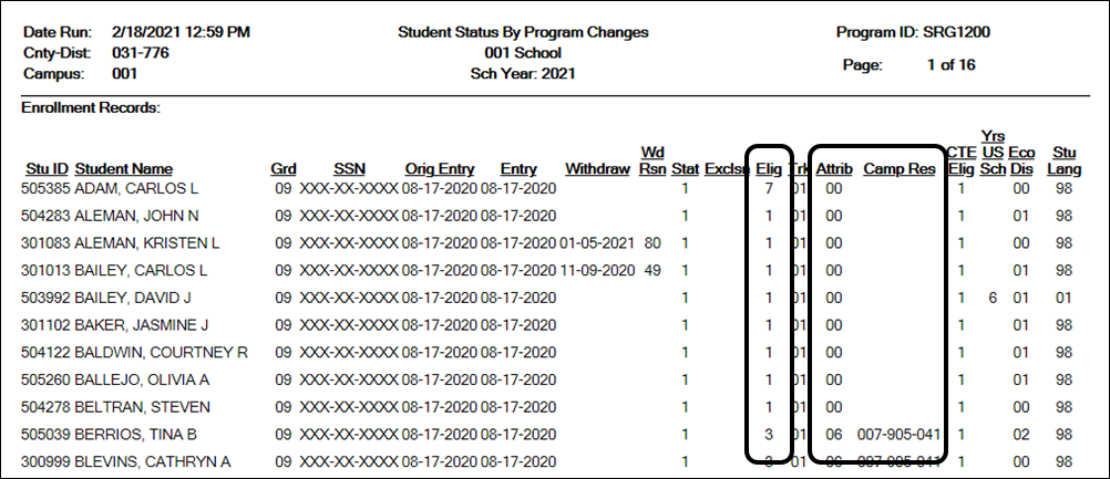 SRG1200 run with Print Enroll Records parameter set to Y SRG1200 run with Print Enroll Records parameter set to Y